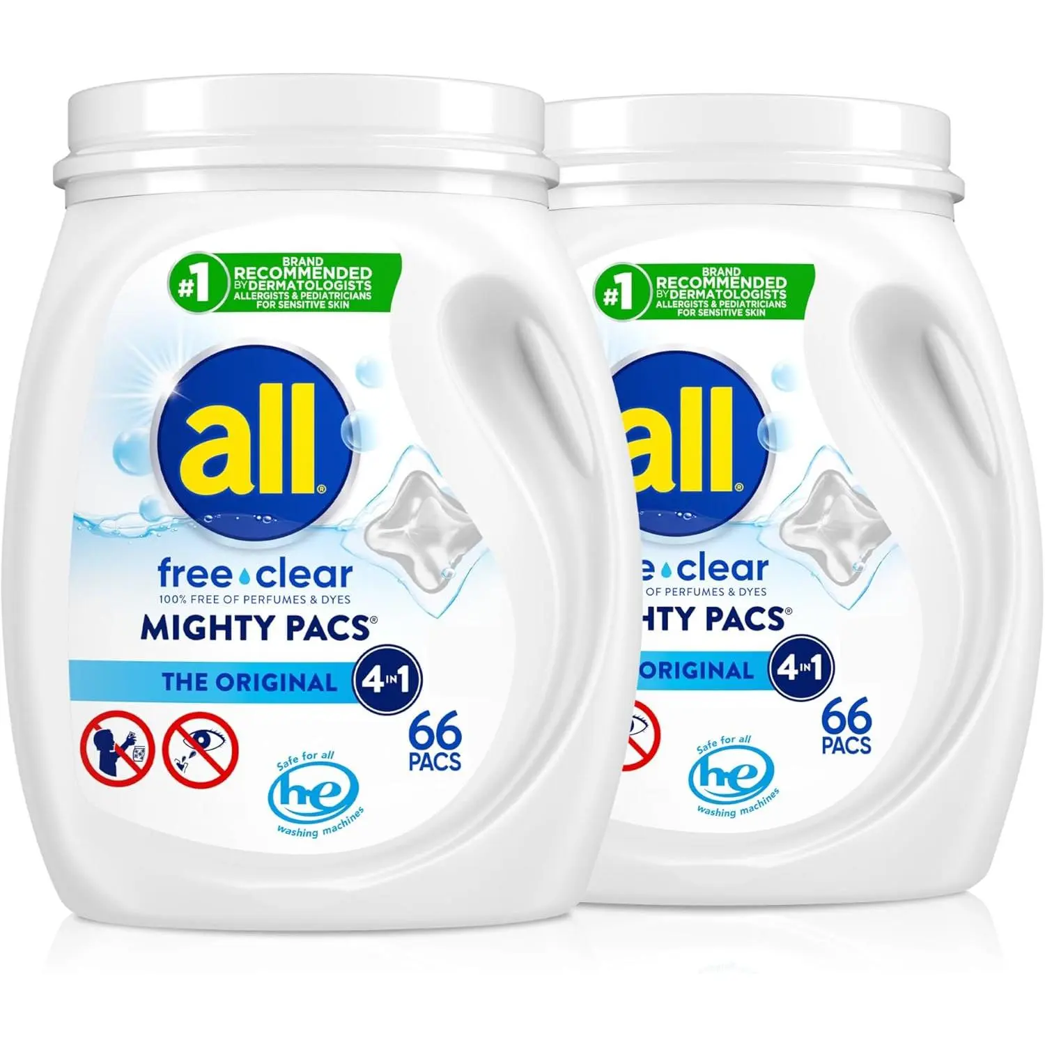 #1 Brand Laundry Detergent Mighty Pacs Capsules - Single-Dose, Hypoallergenic, Fragrance-Free, Dye-Free, Dermatologist Tested, 2 Tub Sets, 132 Count (132 Loads), Effective Cleaning, Dissolves in All Water Temperatures, Compatible with All Washing Machines