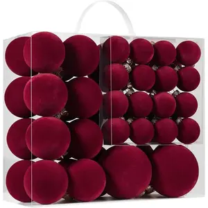Velvet Christmas Ball Ornament Set - 46-piece flocked, shatterproof Christmas tree ornaments, plastic Christmas pendants, suitable for Christmas holiday decorations, 3 sizes (burgundy) (Video game peripherals)