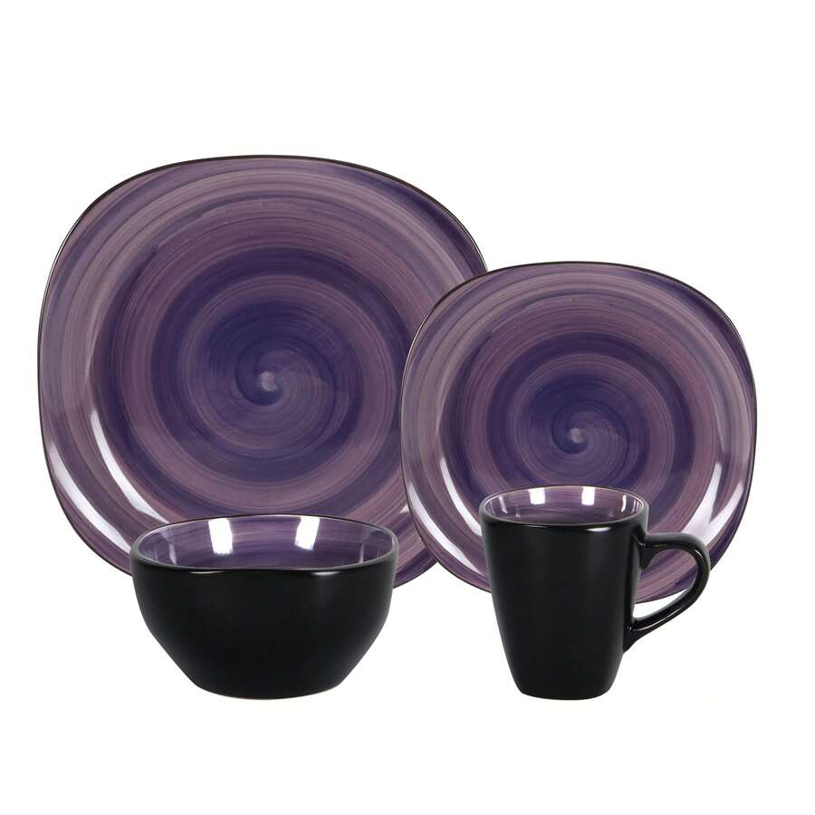 Stoneware 16pc Square Dinnerware Set Swirl Purple
