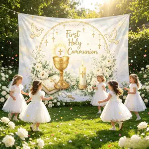 2D flat 1pc First Holy Communion background cloth, First Holy Communion theme pattern, suitable for baptism, Holy Communion theme scene decoration, multiple sizes available, polyester material