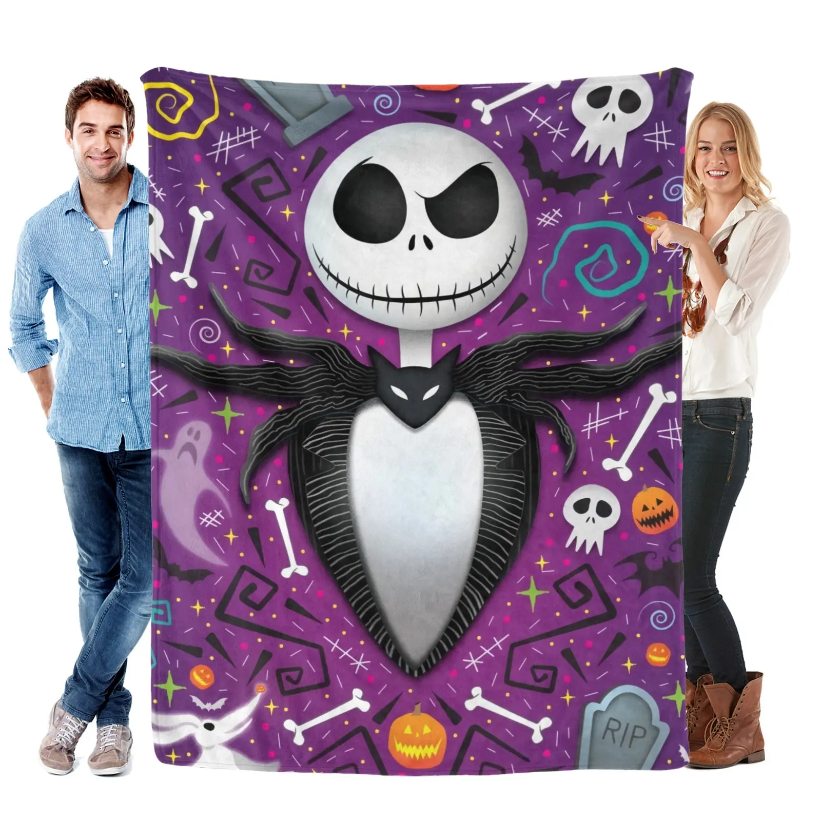 Disney The Nightmare Before Christmas Jack Skellington Flannel Throw Blanket, Ultra Soft Cozy Fleece Blanket, Purple Gothic Halloween Decor for Couch Sofa Bed, Lightweight All Season Blanket, Spooky Halloween Christmas Gift for Kids Adults & Fans