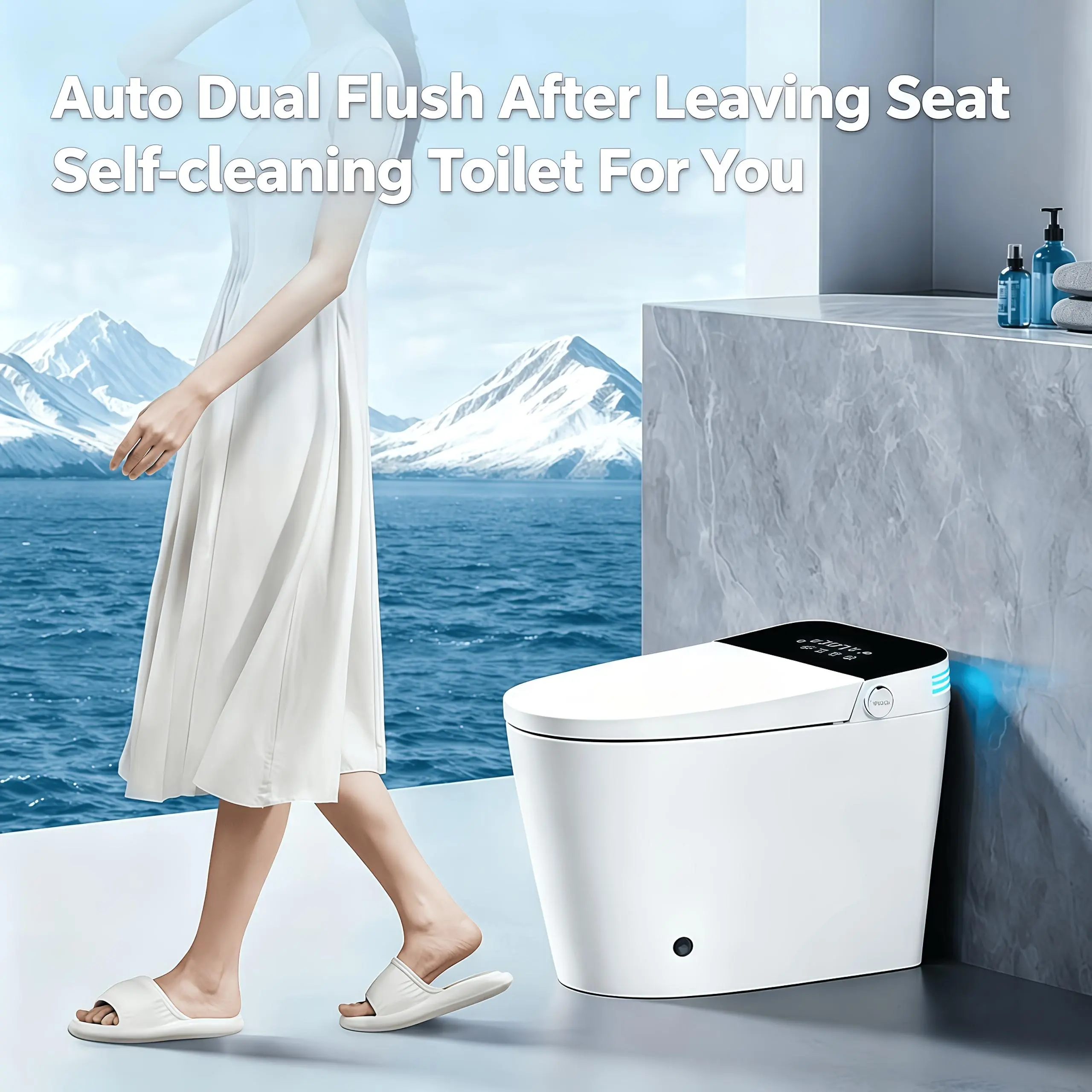 Xinhai 1-Piece Elongated Modern Smart Toilet Bowl with Built-In Tank, Auto Open-Close, Auto Flush, Heated Seat, Heating Function, Foam Dispenser, ADA Comfort Height for ADA Users, Moving Dryer, 1000g MaP Flush Score, Indoor Bathroom Fixture, Auto Close