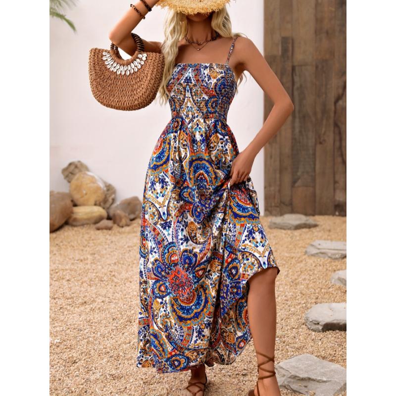 Women'S Casual Slingback Dress A1616, Spaghetti Strap, Shirred, Motif Cachemire Pattern, for Spring/Summer  Fabric Polyester Womenswear Collar Comfort Multicolor Sleeveless Women's Elegant Loose Midi Flowery Backless Mini white  dress  girl
