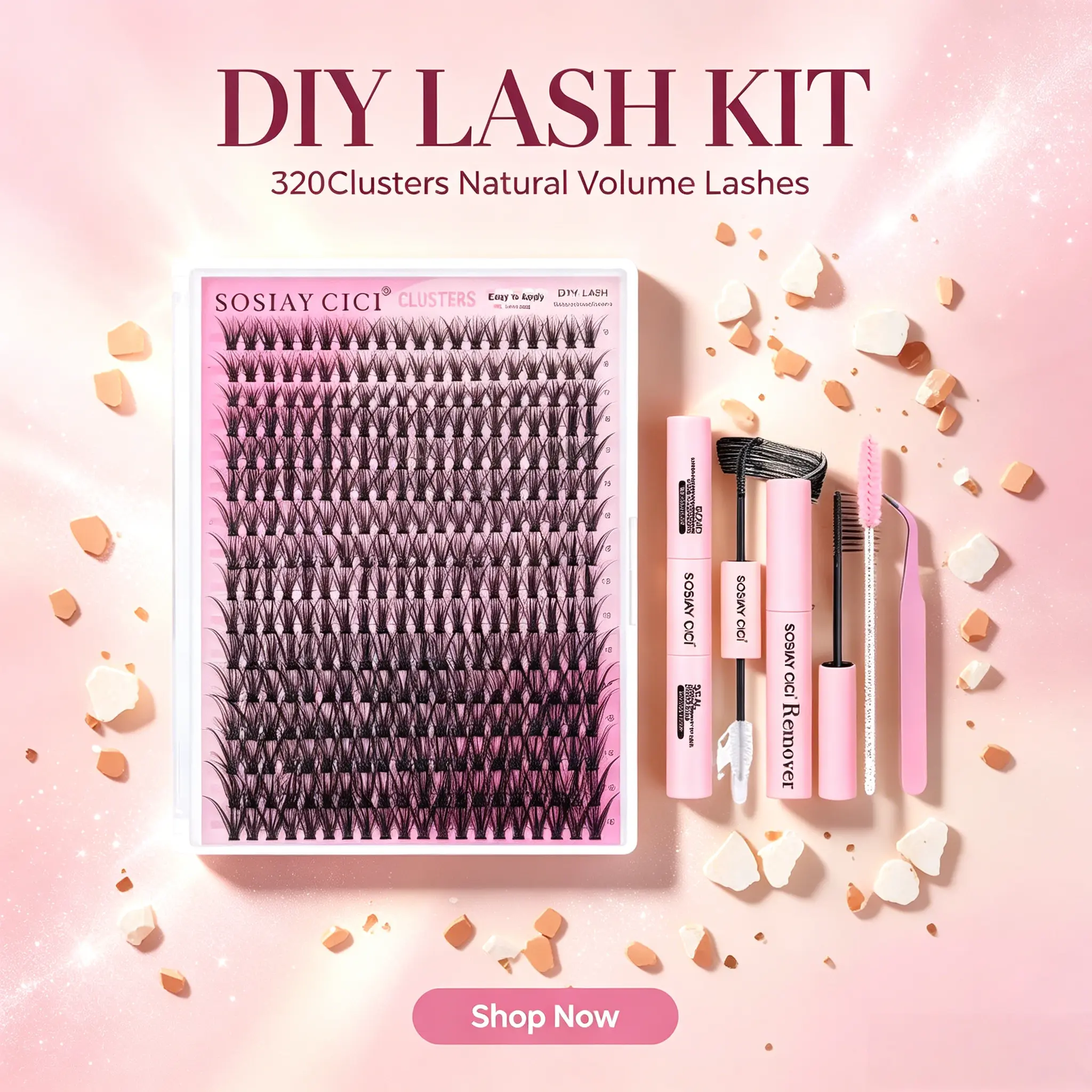 SOSIAY CICI 320PCS 40D Lash Clusters Kit, Natural Volume DIY Eyelash Extensions 9-16mm Mixed Length, All-in-One Set with Bond&Seal, Remover & Tweezers, Beginner Friendly Holiday Lash Bundle 1/2 Packs Available