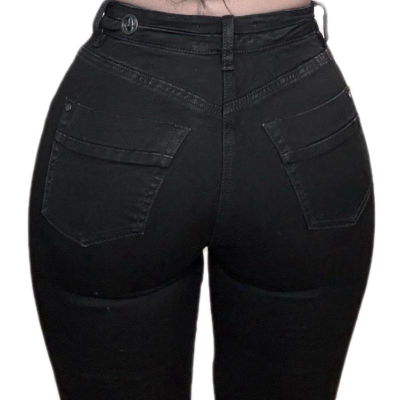 Jean Sienna Noir Stretch Colombian High-Waisted Flare Jeans for Women Black Campana Style with Double Front Buttons Soft Stretch Fabric