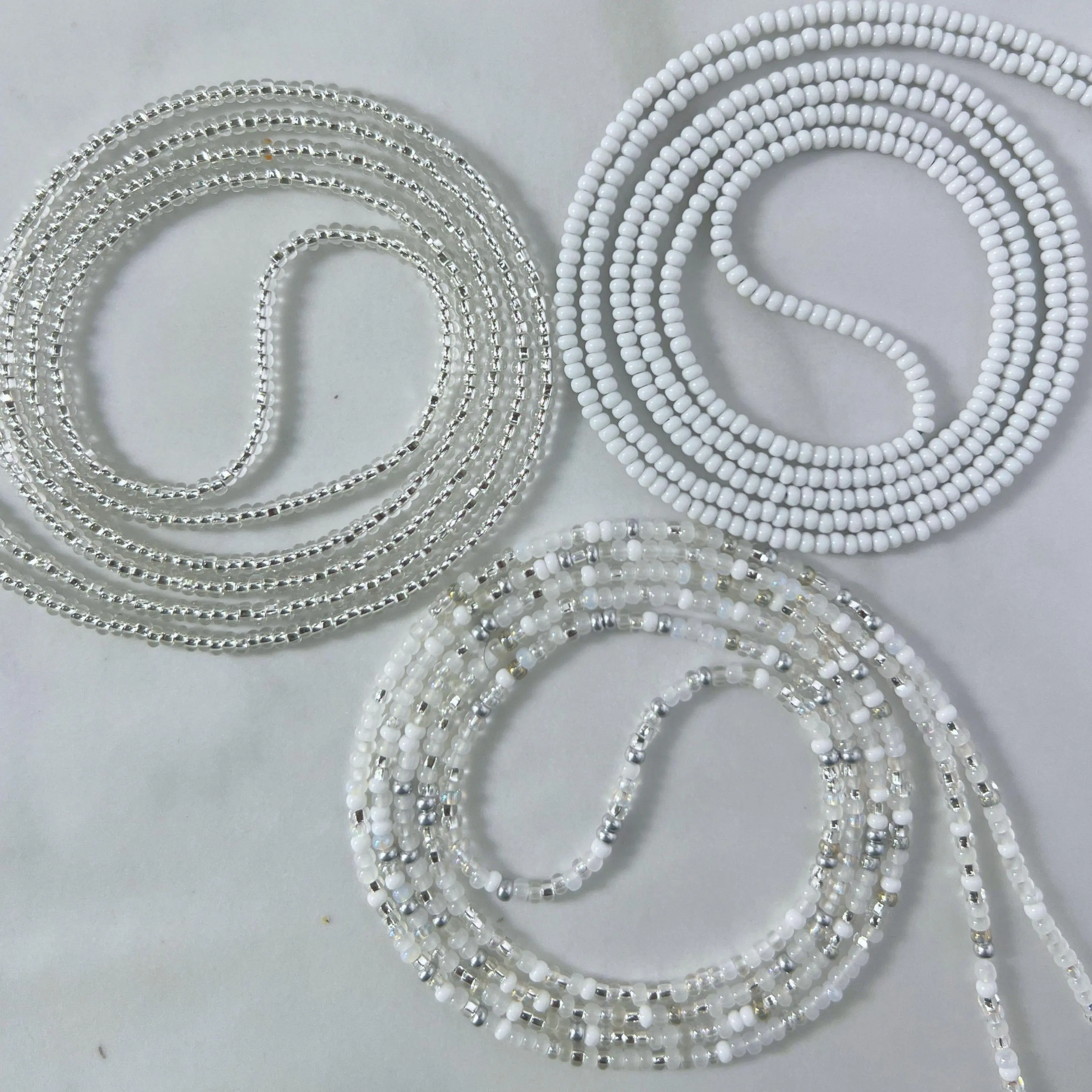 3PC SET - NEW BEGINNINGS - Tie On Waist Beads - 45 to 60 inches Waistbeads - White Waistbeads - Silver Waistbeads - Beaded Fashion Body Jewelry - Made By Venus Waistbeads