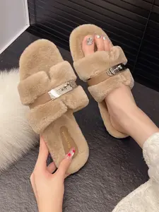 Mao Mao Women's Soft Furry Slippers 2025 Spring Autumn Round Toe Non-Slip Sole Adjustable Straps Elegant Home Wear Flipflop Girl Walking Shoes House Slippers Slippers Indoor