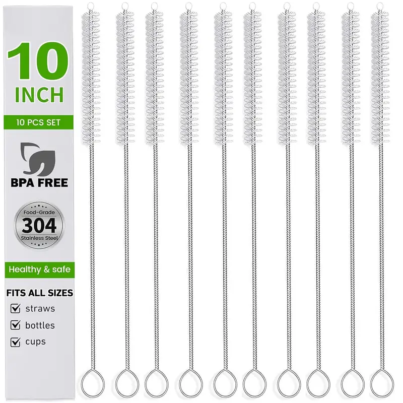 10 Pieces Stainless Steel Straw Cleaner Brush Set 10 Inch - Extra Long for Tumbler, Water Bottle, Tubes, Sippy Cup