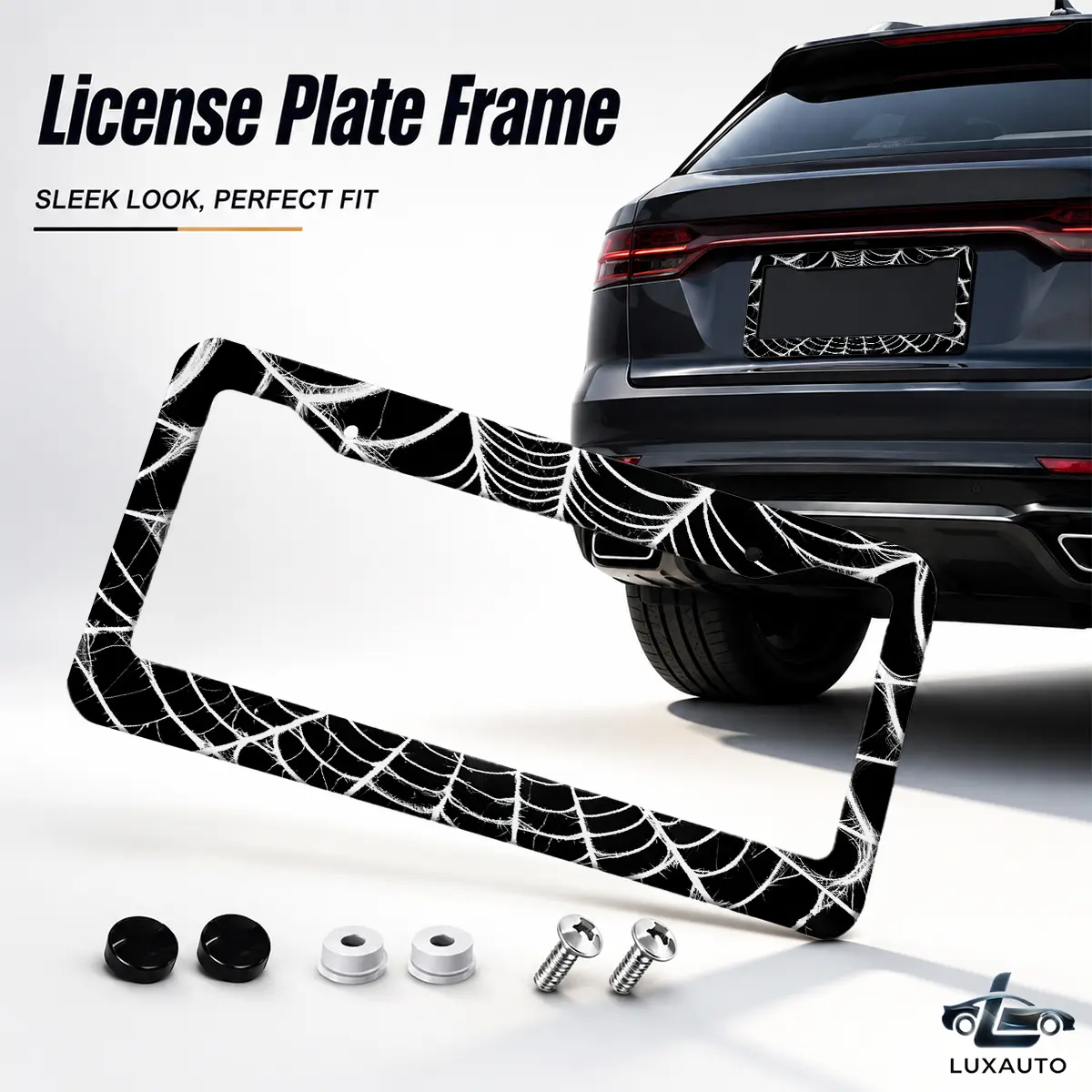 Black and White Spider Web Gothic License Plate Frame, Universal 12.2 x 6.3 Inch Durable Aluminum Auto Tag Holder with Screws and Caps for Alternative Style Lovers