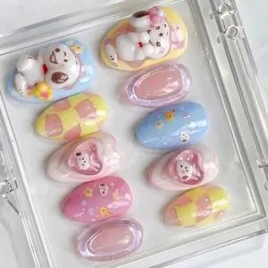 Press On False Nails, 3D Cartoon Puppy Design, Pastel Y2K Kawaii Spring Set for Nail Art Decoration