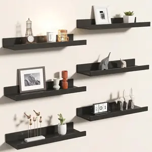 6PCS Rustic Floating Wood Shelves | Aesthetic Wall Decor for Bathroom, Bedroom & Living Room | Carbonized Black Shelf Set