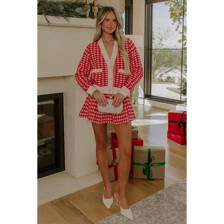 Holiday Chic High Waist Knit Houndstooth Mini Skirt