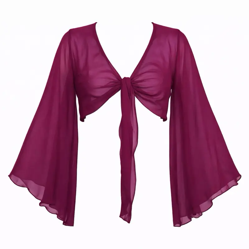 Elegant Burgundy Chiffon Bolero Shrug with Bell Sleeves for Women's Fashion