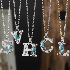 Flash & Finesse  Bohemian Western A-Z Letter Necklace with Turquoise & Sunflower Bullhead Charms – Vintage Boho Initial Pendant, Stainless Steel, Perfect Valentine's Gift for Women Men Couples valentines gifts for gf Daily Wear