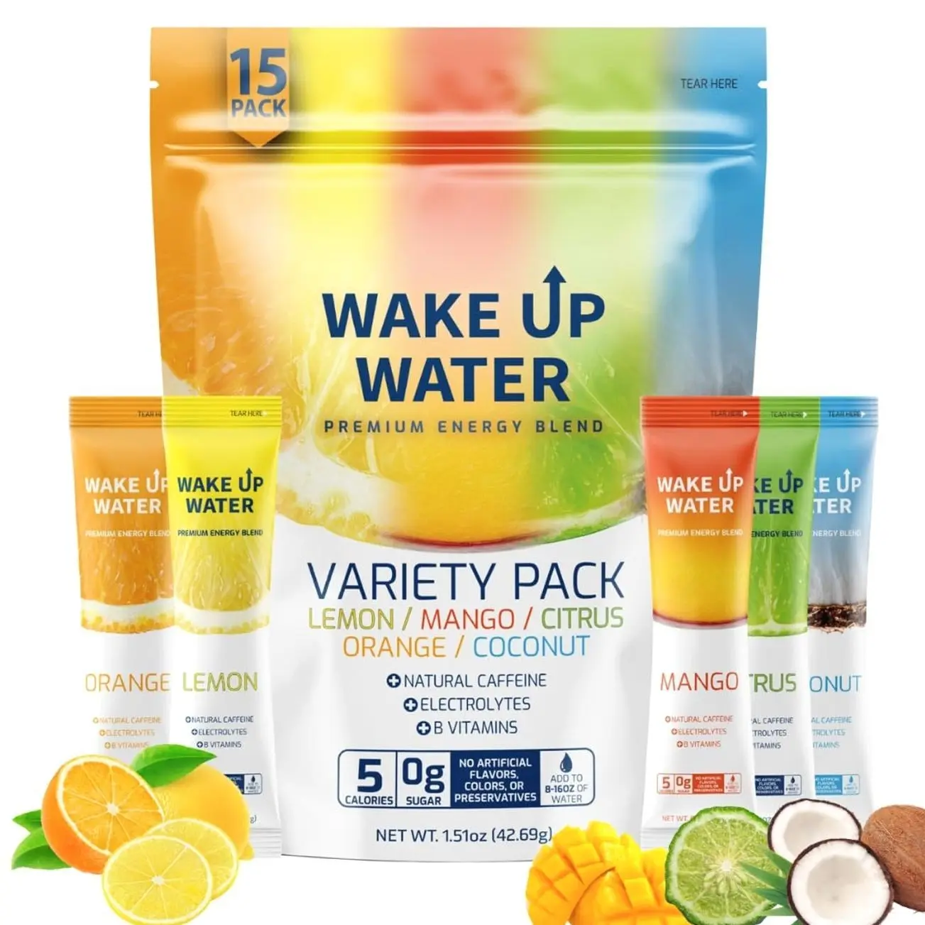 Wake Up Water Energy Drink Mix, Sugar Free Clean Energy Powder with Electrolytes & B Vitamins, Natural Caffeine for Focus & Hydration (15 Pack) - Variety