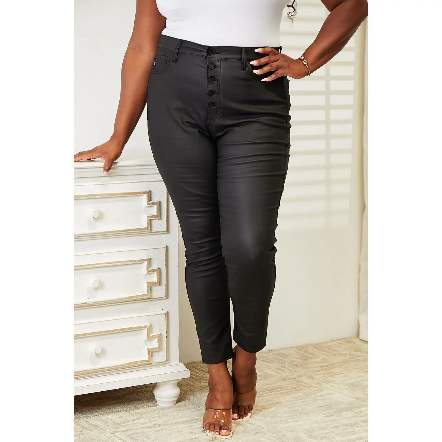 Kancan Full Size High Rise Black Coated Ankle Skinny Jeans
