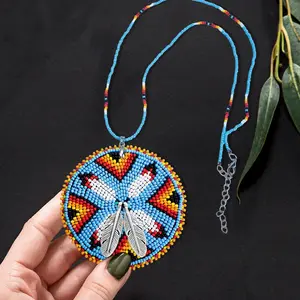 Tribal Four Feather Beaded Necklace - Native American Style Wire Wrapped Pendant - Unisex Southwestern Jewelry