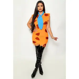 Orange Animal Print Felt Blue Tie 2Pc Sexy Flintstone Bam Costume