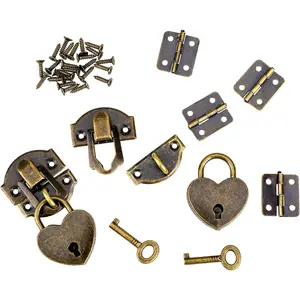 2 Set Antique Bronze Hasp Latch 27 X 30 mm Hasp Latch Mini Box Hinges and Love Locks with Keys Decorative Lock Buckle with Screws for Jewelry Wooden Box and DIY Crafts