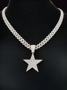 Star Shaped Pendant & 9mm Miami Cuban Link Design Chain Necklace, Fashionable Punk Style Jewelry for Party, Daily Decor, Trendy All-match & Exquisite Jewelry for Birthday Gift