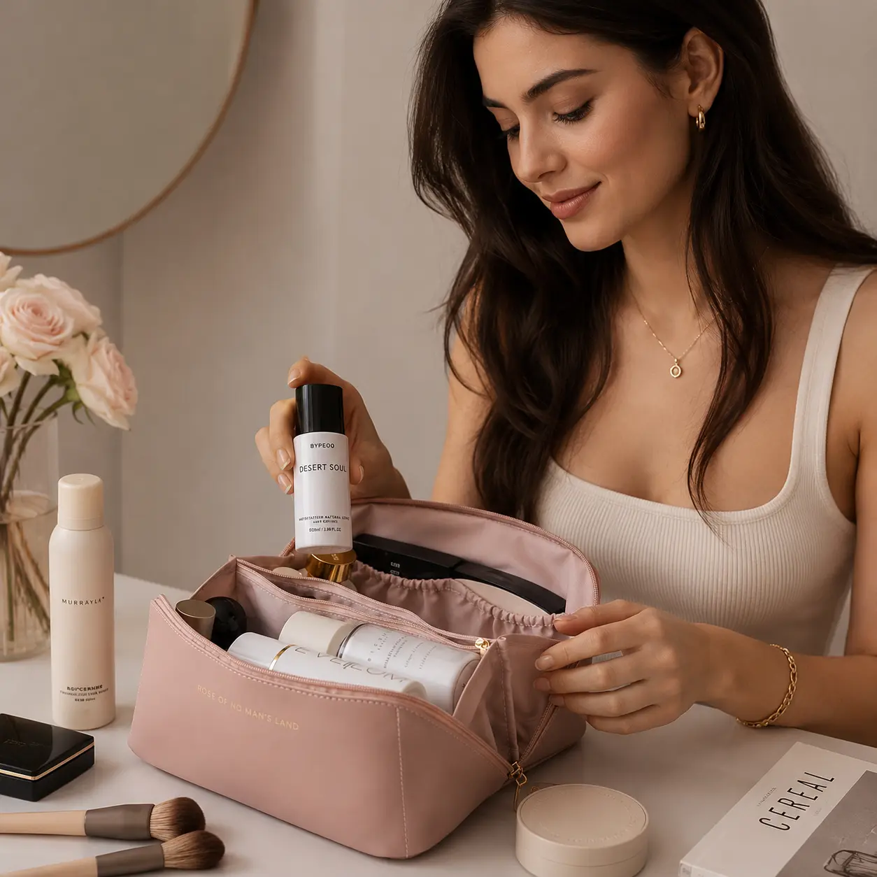 Blush Pink PU Leather Cosmetic Bag - Chic Large Size Water-Resistant Travel Organizer for Women with Handle Strap, Zip, Elegant, Travel Use, 1*Makeup Bag, 23.5X11x10.5cm, High-Capacity, Vanity Organization, Cosmetic Travel Bag