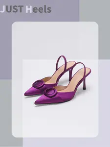 Purple Satin O-Ring Buckle Slingback Heels | Pointed Toe Stiletto Heels | Elegant Wedding Party Evening Shoes for Women