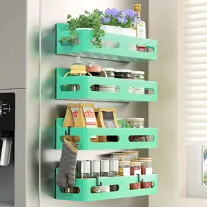 4 Pack Strong Magnetic Spice Rack for Refrigerator, Multipurpose Magnetic Shelf with 4 Hooks for Kitchen Bathroom Organization, Green
