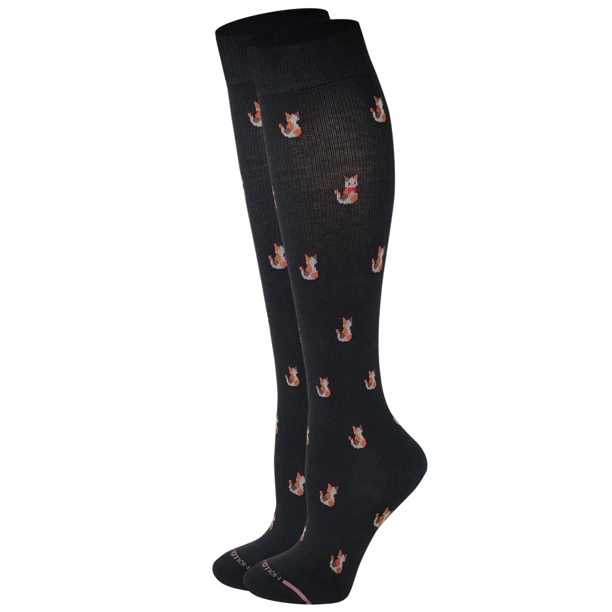 Dr. Motion Women's Fit Spandex-Cotton Knee-High Compression Socks, Cute Cat Style, Breathable Smooth Fabric, 8-15 mmHg Everyday Leg Support (1 Pair)