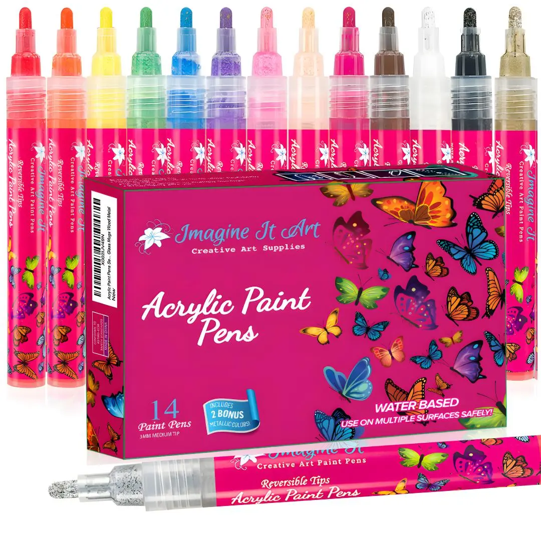 Acrylic Paint Markers, 14-Colors, 3mm Medium Tip Art Markers, Paint Pens, Great for Rock Painting Glass Wood Ceramic Fabric Metal Canvas Versatile Use
