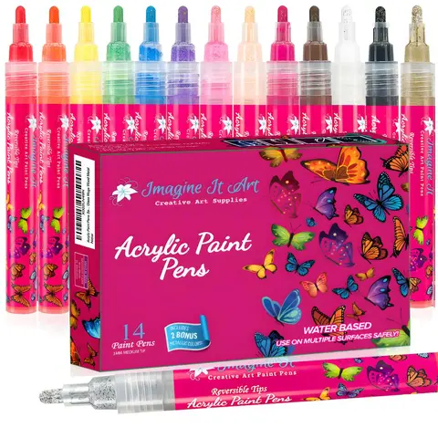 Acrylic Paint Markers 14 Colors, 3mm Medium Tip Paint Pens for Rock Painting, Glass, Wood, Ceramic, Fabric, Metal & Canvas, Water-Based Quick-Dry Acrylic Paint Pen Set for Kids & Adults, DIY Craft & Art Supplies
