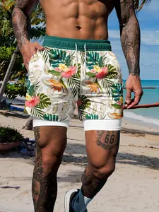 Men's Double-Layer Quick-Dry Beach Shorts, Summer Swim Trunks, Tropical Floral Pineapple Print, Anti-See-Through Swim Trunks, Casual Vacation Style