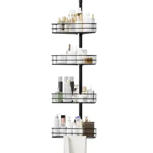 Corner Shower Caddy Tension Pole, 76"-110" Adjustable Bathroom Organizer Shelves, 4-Tier Bathroom Shelves with Built-In Towel Bars , Black Soap Shampoo