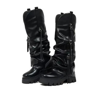 CELNEPHO Knee High Fold Over Boots for Women Round Toe Chunky Platform Heel Covered Side Zipper Unique Fringe Design Easy Pull on With Tabs Party Gift Casual Wear Dress Shoes