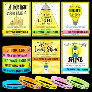 Back to School VBS Let Your Light Shine Silicone Bracelets Wristbands with Bible Verse Card Glow-in-the-Dark/Non-Luminous Bracelet 30 Sets Jesus Loves Me Wristbands Back to School Gifts for Christian Student Church Sunday Halloween Christmas Party Favors