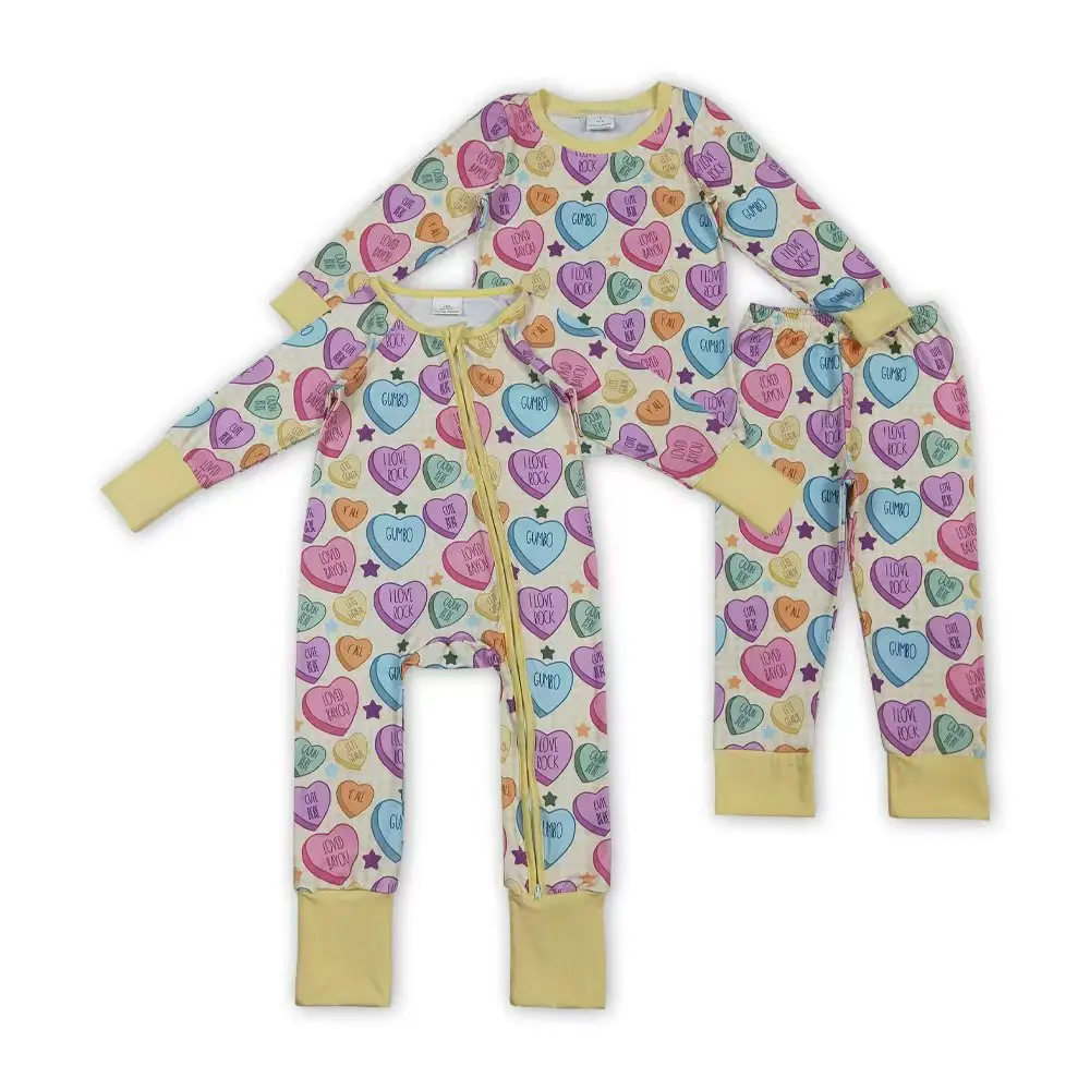 Valentine's Day Sibling Matching Pajama Set, Girls' Heart Print Long Sleeve Top & Pants and Infant Zipper Front Romper, Sleepwear Set, Crew Neck
