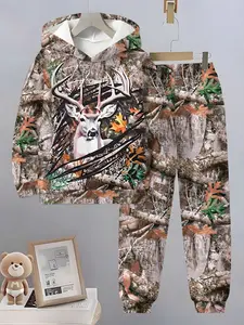 Boys' Deer Camouflage 3D Print Set, Kids Jungle Style Hoodie and Pants Two-Piece, Spring & Fall Casual Clothing