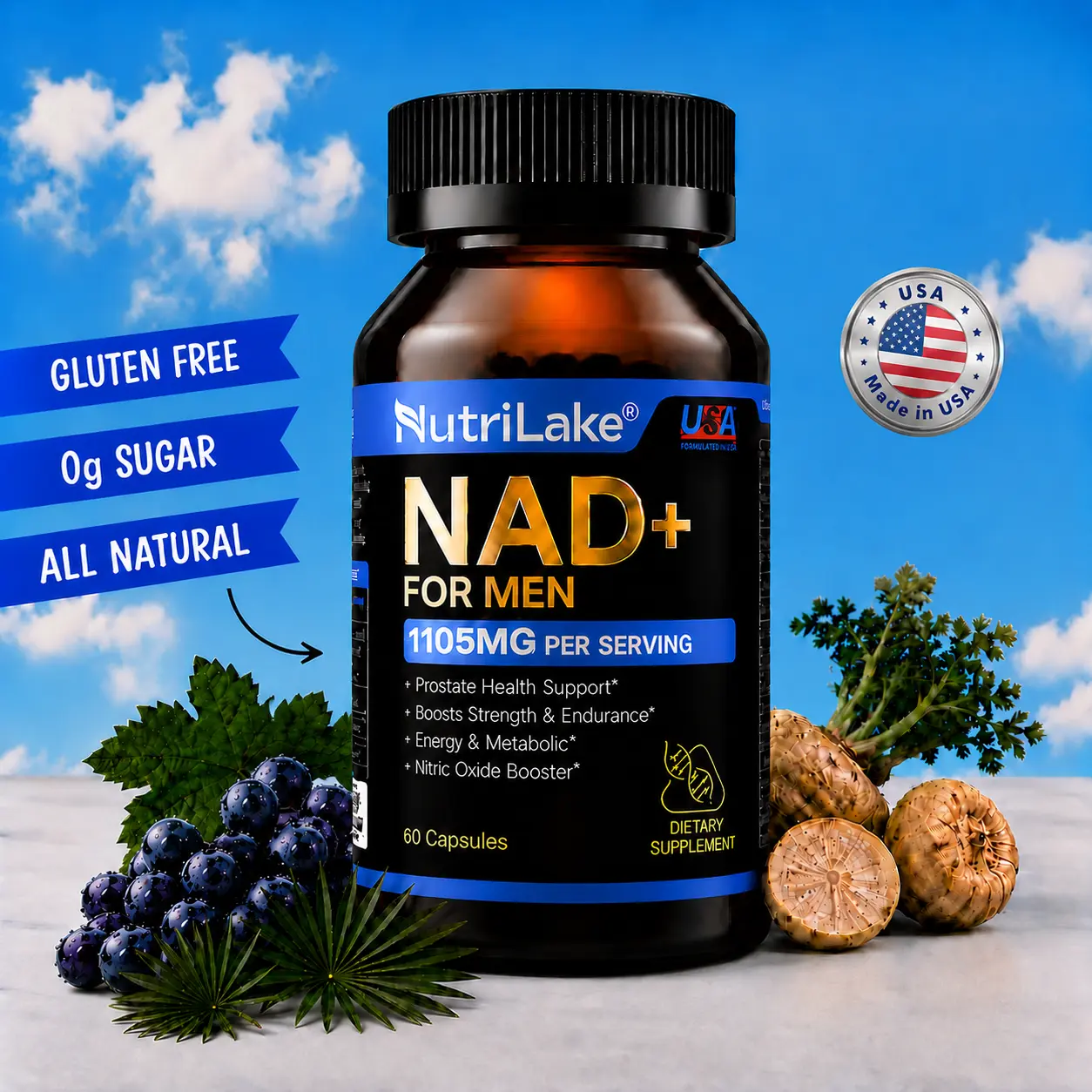 NutriLake NAD+ Supplements for Men-Liposomal,Energy Support,Wrinkle Defense,Complex with Trans-Resveratrol,CoQ10,Ashwagandha,Niacin,Vitamin B6,Supports Cellular Renewal, Energy & Performance - 60 Capsules Dietary Supplement Vitamins