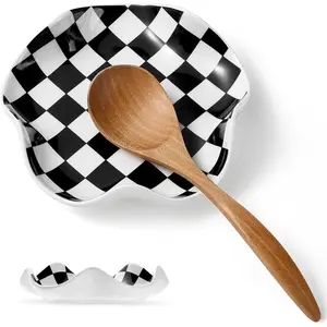Ceramic Spoon Rest, 5.3inch Black and White Pattern, Heat-Resistant Cooking Spoon Rest Suitable for Kitchen Countertops, Stovetops, Spatulas, Ladles, Coffee Spoon Rest