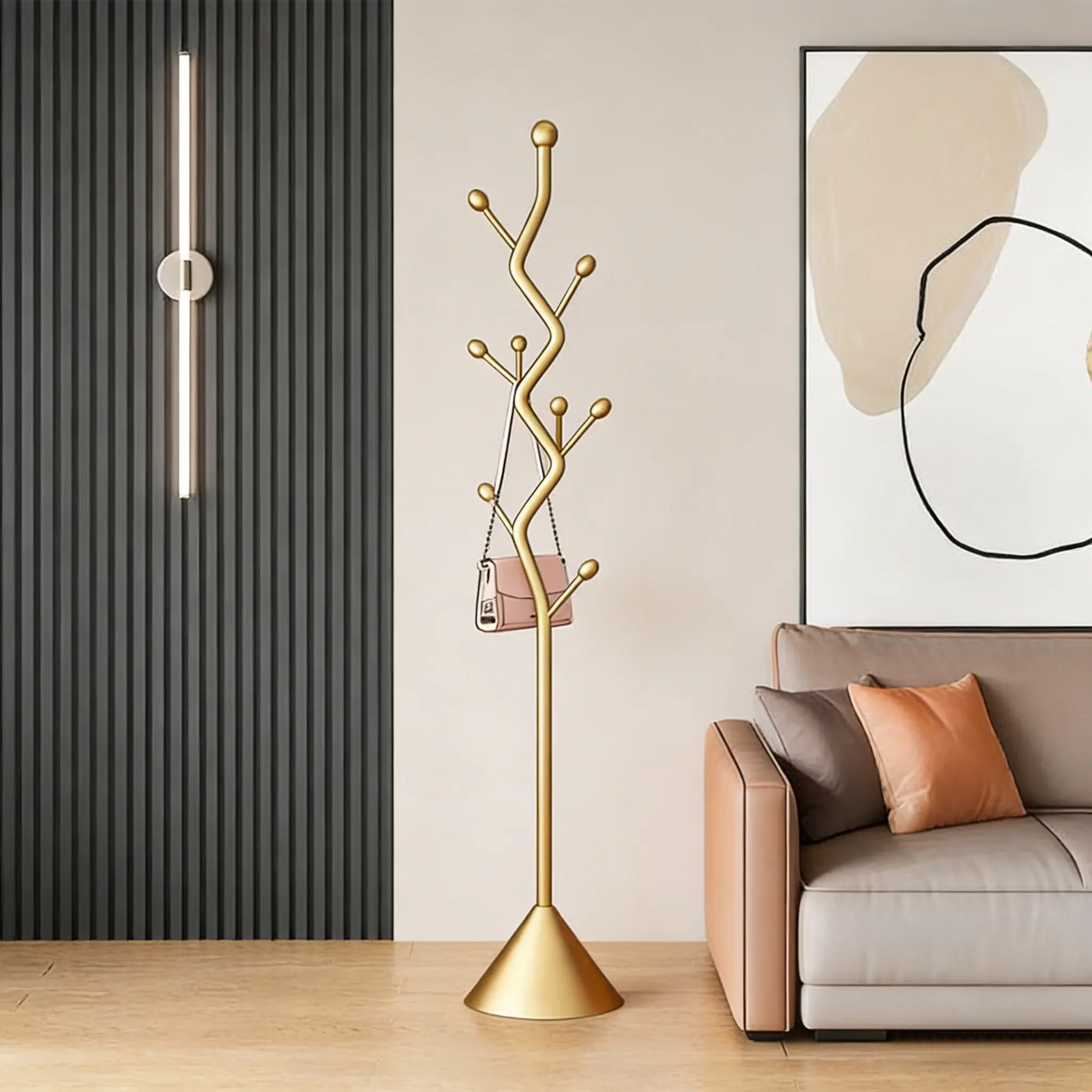 Golden Branch Freestanding Clothes Hanging Rack - Modern Minimalist Golden-Exterior Home Organizer with Space-Saving, Decluttering Design, Compatible with Standing Shelf Units for Living Rooms, Bedrooms