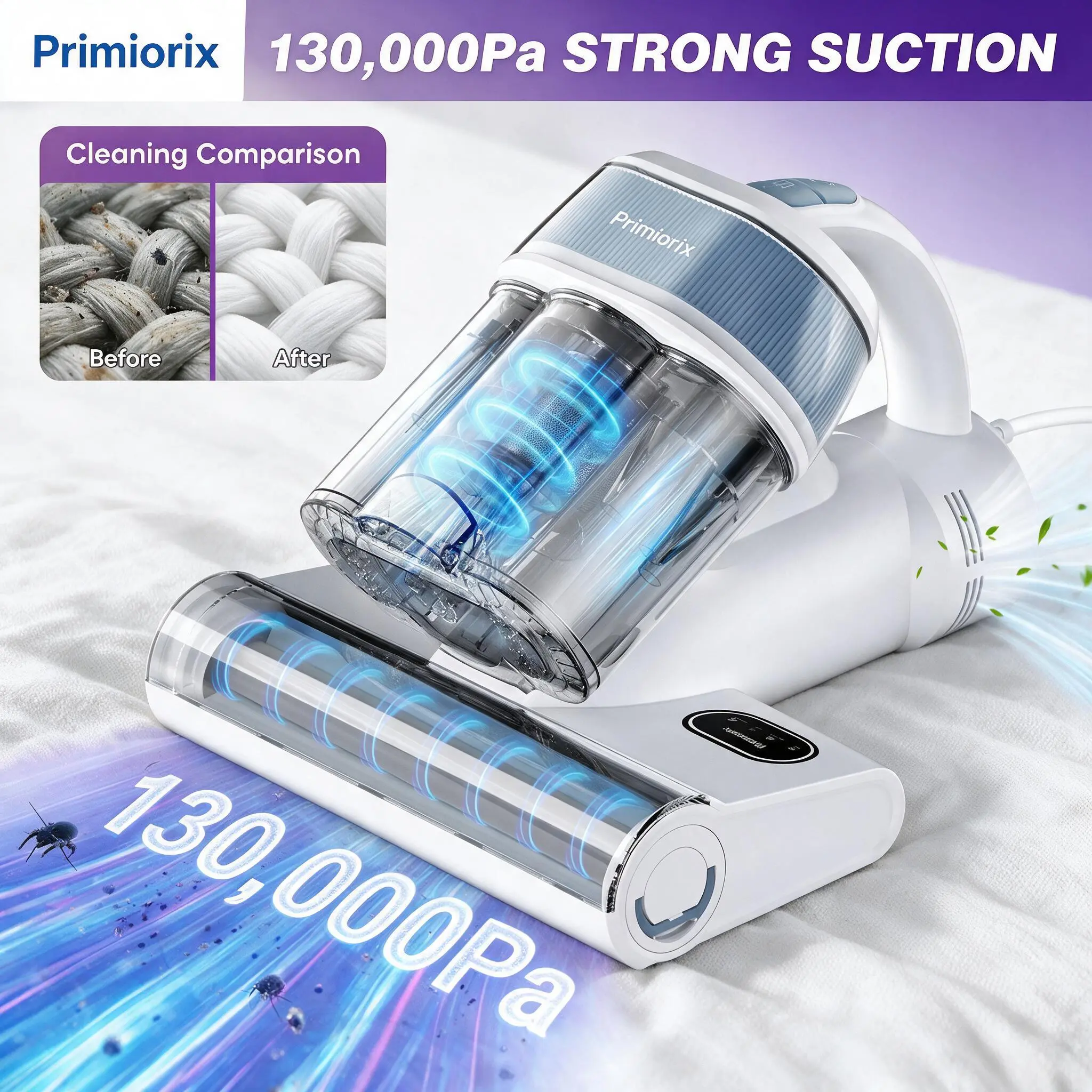 Mattress Vacuum Cleaner with UV Light, Upgraded 13000Pa Corded Handheld Bed Vacuum for Dust Mites & Pet Hair, 72000RPM Deep Tapping, Hot Air Mode, HEPA Filter, Anti-Tangle Brush for Sofa Couch