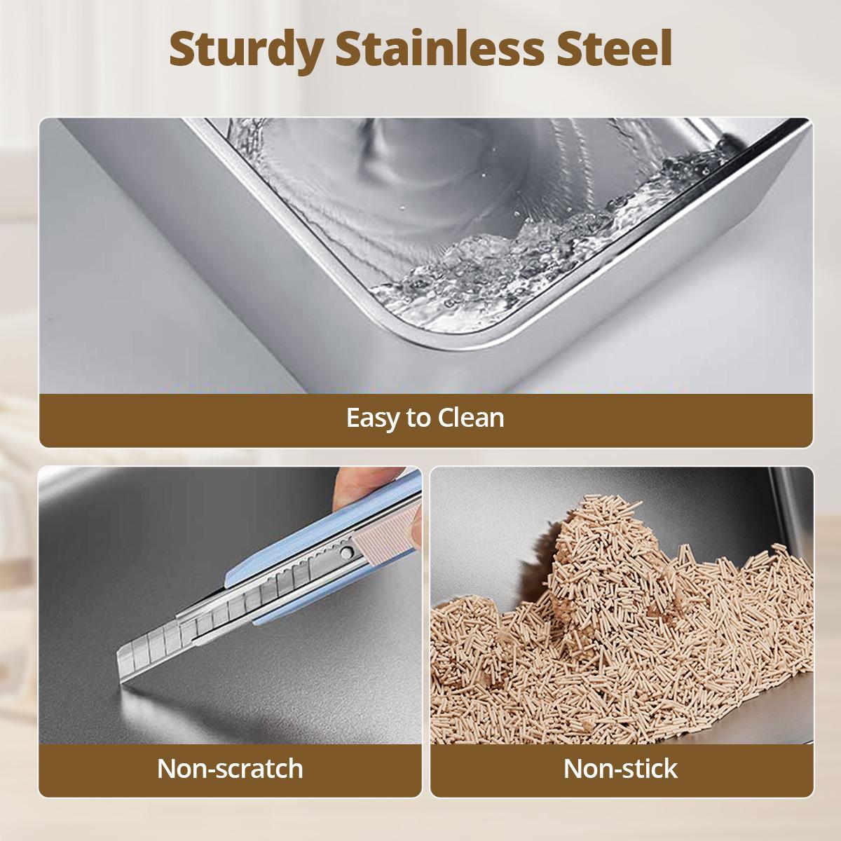 CAVEEN Stainless Steel Cat Litter Box, 20L Large Capacity XL, Easy to Clean, High Sided, Anti-Urine Leakage, Non-Stick Bottom & Non-scratch & 2xScoop, for Large/Medium/Small Cats