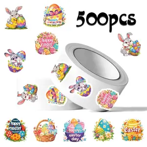500 Sheets/roll Round Easter Bunny Stickers, Cartoon Spring Pattern, Self-Adhesive for Laptops, Water Bottles, Suitcases, Computers, Mobile Phones