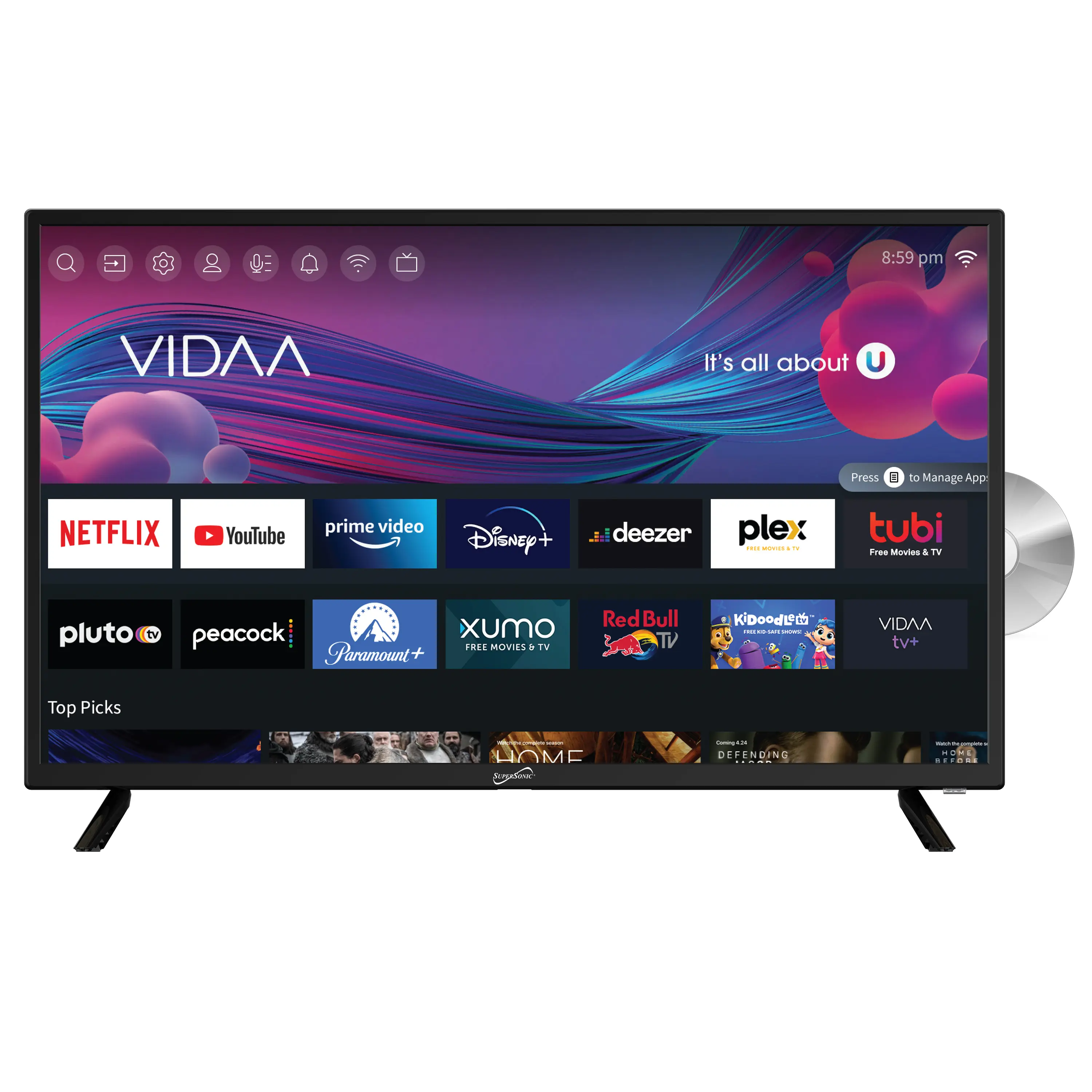 Supersonic SC-3226SDVD 32-Inch Home LCD/LED Television with LED Screen, DVD Player, 3 HDMI Ports, 1080p Resolution, Wireless Connectivity, USB Ports, Multi-Language OSD, DC Car Cord, ATSC & NTSC System