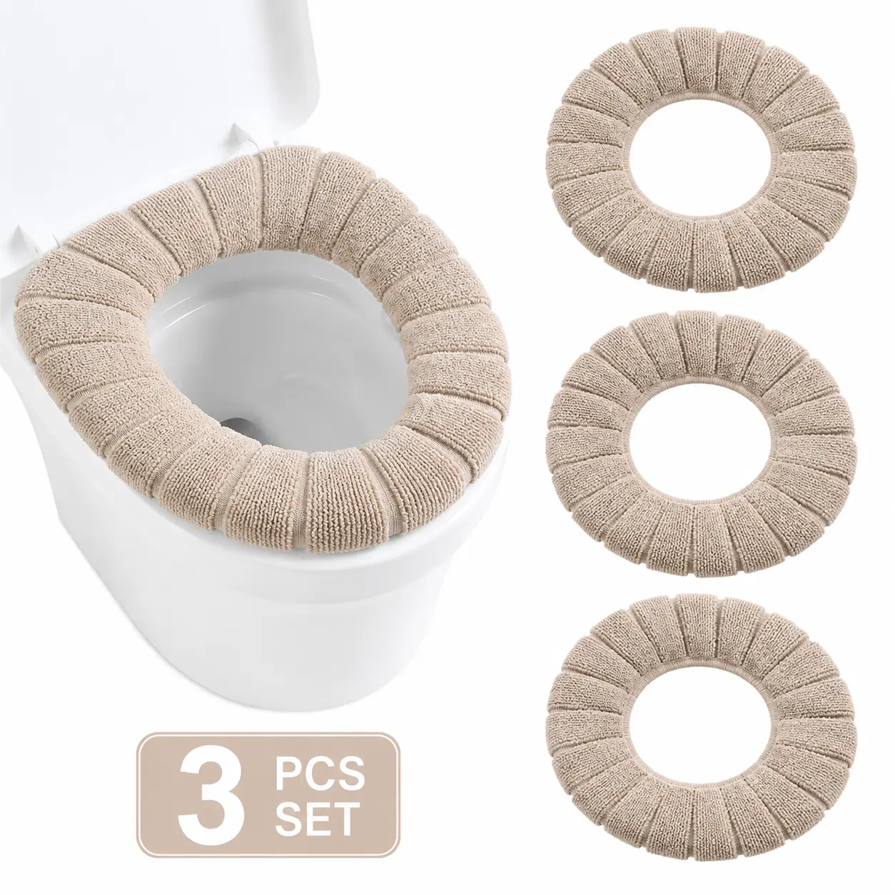 3-Piece Soft Padded Toilet Seat Cushion Set, Machine Washable Plush Toilet Seat Cover with Removable Built-In Plastic Hose, Warm Stretch Fit Bathroom Accessory, House Organizers