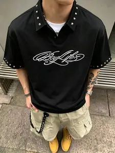 Men’s and women’s styles of Gothic-inspired American streetwear casual short-sleeve polo shirts, studded Bay Life floral script print polo shirts, light business-casual sporty polo shirts with short sleeves, suitable for everyday casual wear, dates, stree