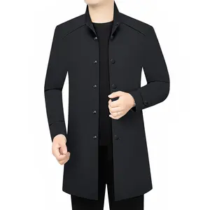 Spring/Autumn New Men’s Mid-Length Lightweight Blazer Jacket, Stand Collar Button-Front, Business Casual Fashion Menswear Coats   Tops Trench Trench Long   Sleeve Beige  Plain