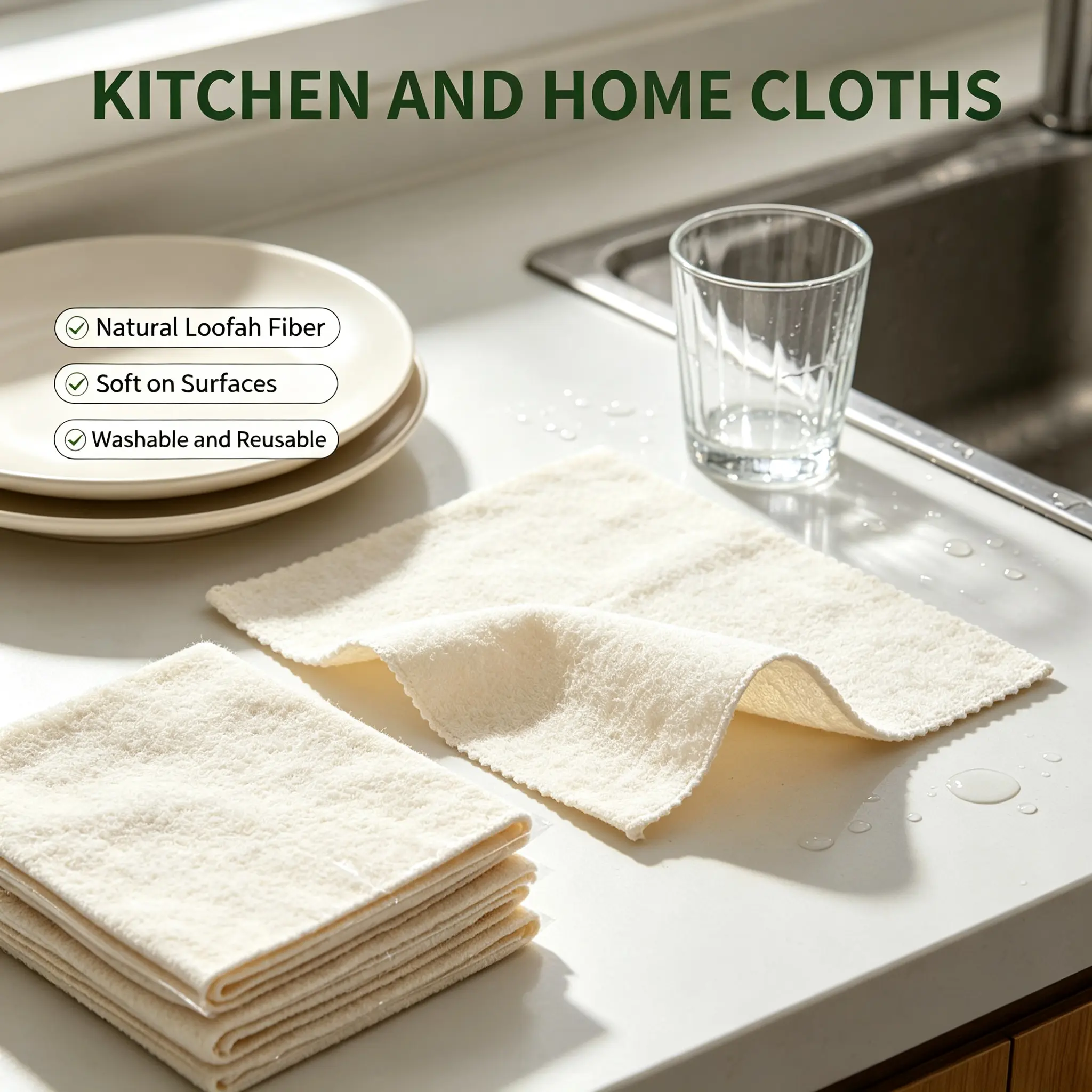 1 pack of 10 pieces - Natural Loofah Fiber Dish Cloths, Oil Resistant Reusable Kitchen Cleaning Rags, Quick Rinse, Less Soap Needed, Non-Greasy Absorbent Dish Towels for Washing Dishes, Countertops & Cookware