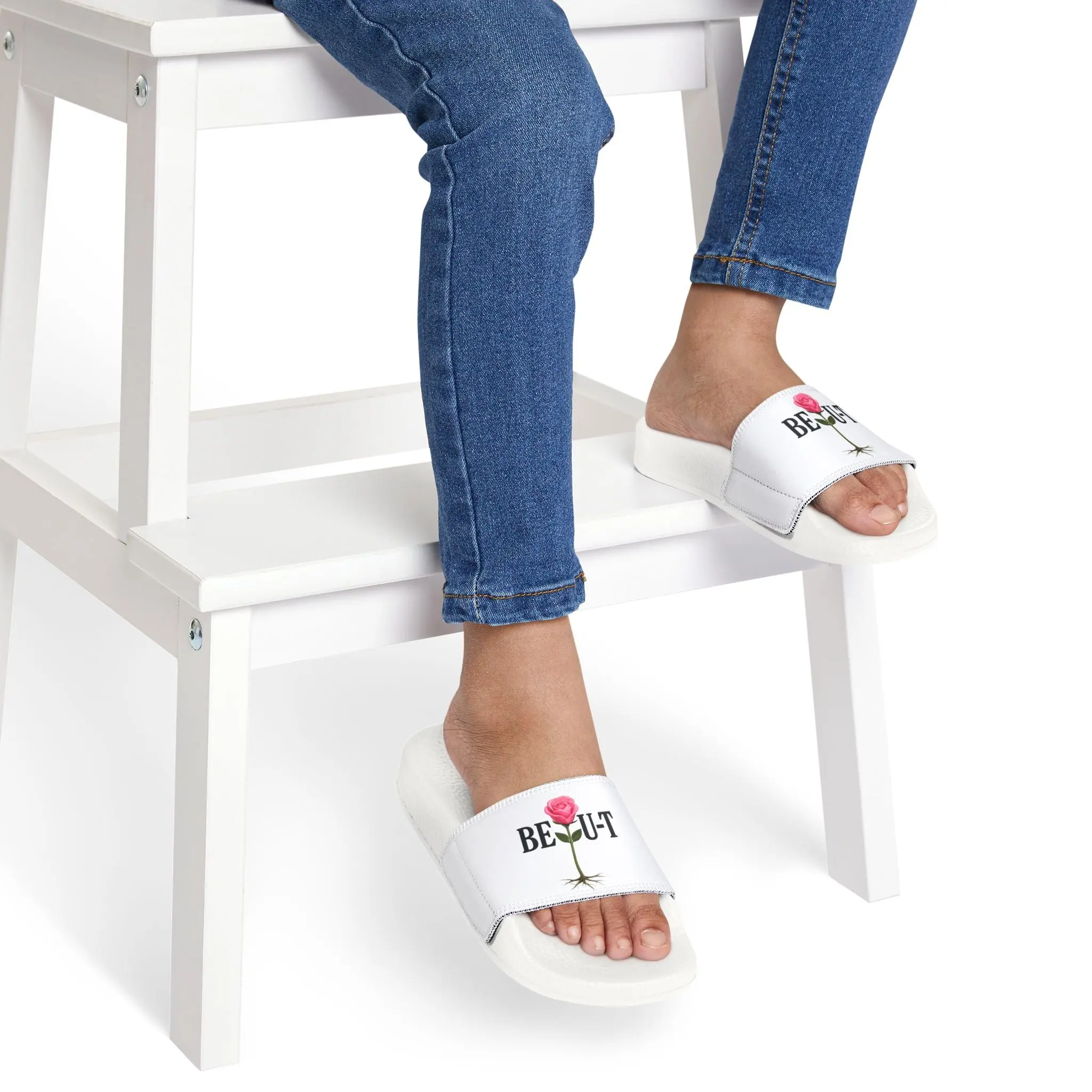 Youth Slides – 'Be-U-t' Rose Graphic Removable-Strap Sandals