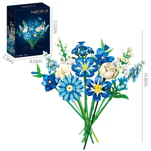 Blue Tulip Flower Bouquet Building Blocks Set,Aesthetic Table Centerpiece for Home & Office,DIY Artificial Flowers Gift for Adults