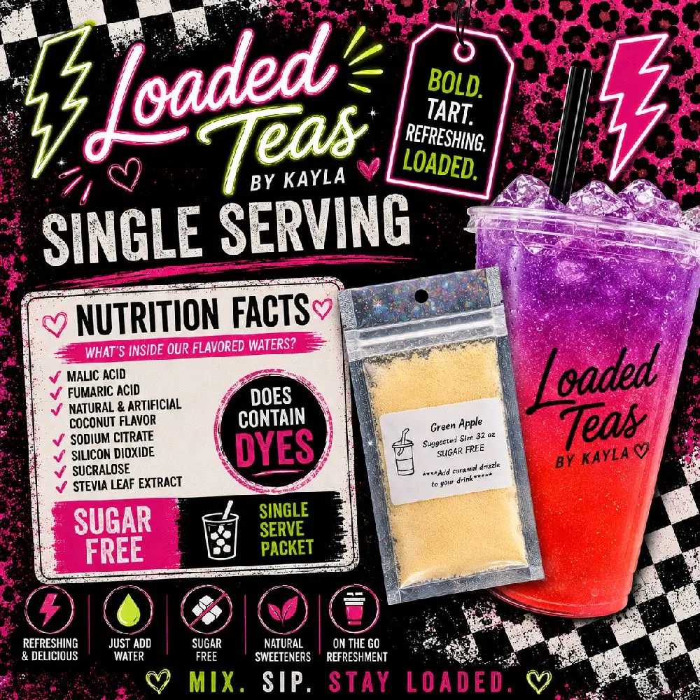 Tart Loaded Tea (1) 200MG Caffeine Each package is packed with vitamins B3, B6, B9, and B12, as well as taurine. Taurine has antioxidant properties and can help with muscle tone. We use 100% sugar free enhancers sweetend with sucralose